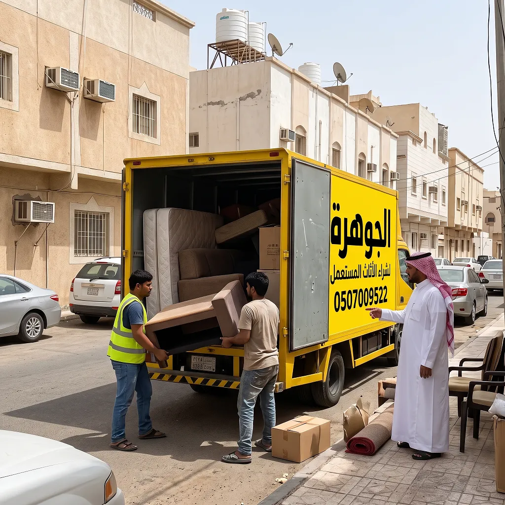 سيارة شركة الجوهرة لنقل العفش وعمال يقومون بتحميل أثاث مستعمل مع عميل في جدة